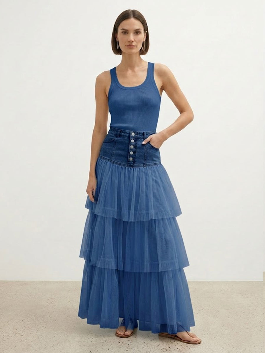 Stylish Balletcore Casual Spliced Mesh Denim Skirt