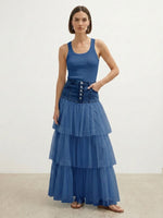 Stylish Balletcore Casual Spliced Mesh Denim Skirt