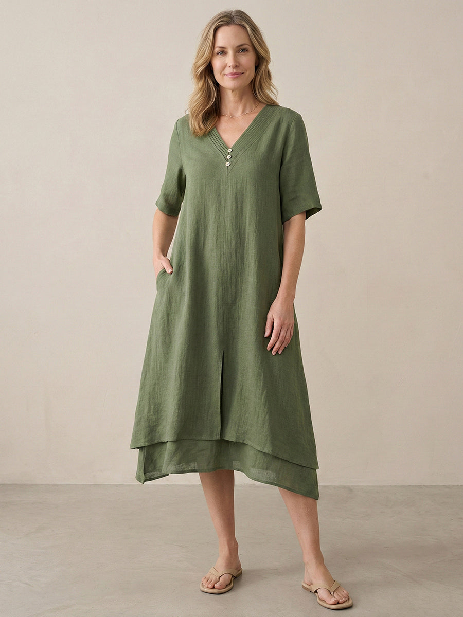 Linen V-Neck Double-Layer Midi Dress