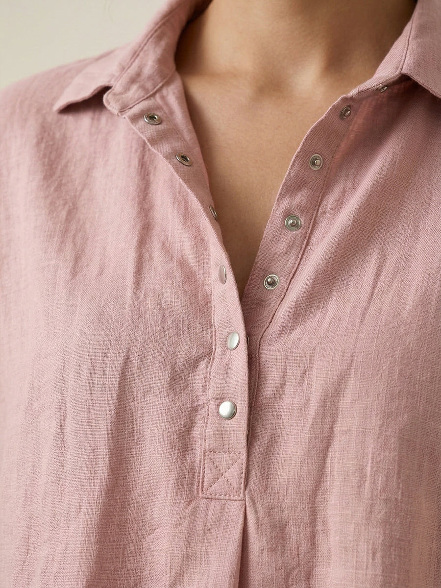 FIORACHIC Women’s Cotton Linen Polo Collar Short Sleeve Casual Shirt