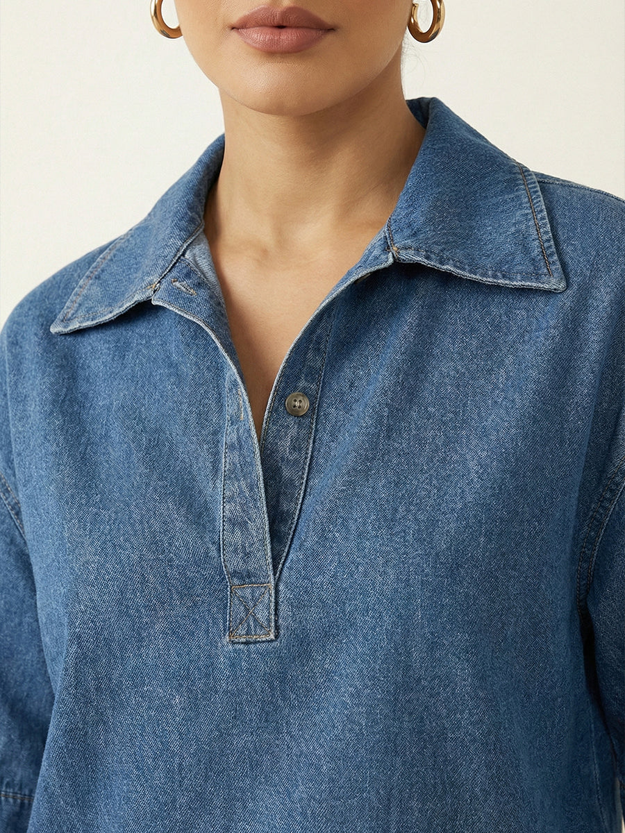 Women's Casual 100% Cotton Denim Top And Wide-leg Pants Two-piece Set