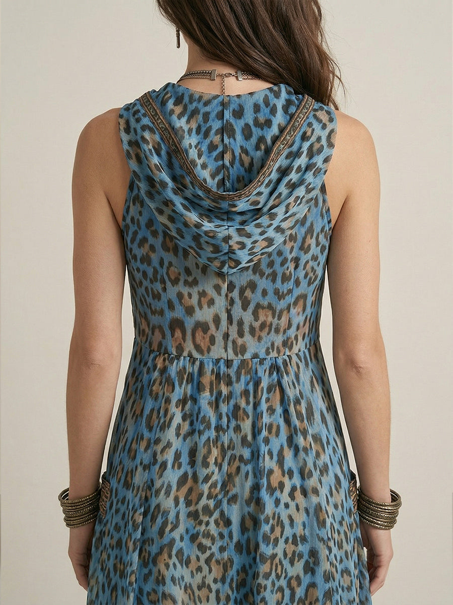Women's Retro Casual Green Leopard Print Art Hooded Midi Dress