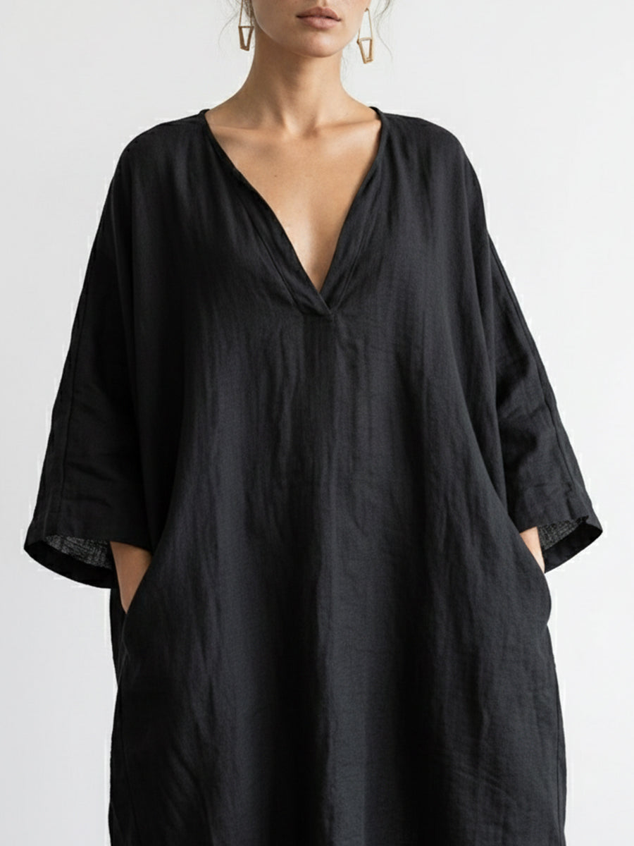 Loose-fit Casual Plus Size Linen And Cotton Dress