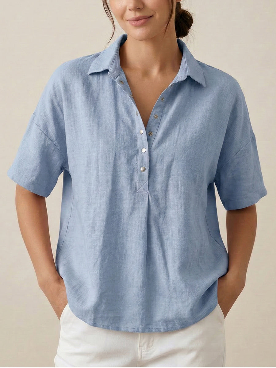FIORACHIC Women’s Cotton Linen Polo Collar Short Sleeve Casual Shirt