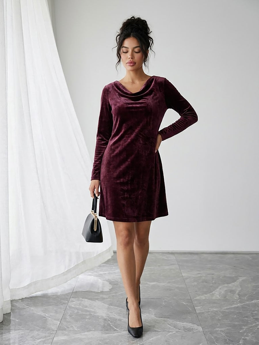 Elegant Women's Flowing Collar Long-Sleeved Sensual Velvet Dress Party Clothes Chic Dress