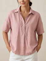 FIORACHIC Women’s Cotton Linen Polo Collar Short Sleeve Casual Shirt