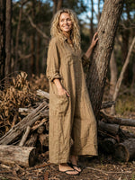 Women’s Relaxed-Fit Linen Button-Down Long-Sleeve Jumpsuit