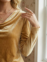 Stylish new women's pure color cowl neck long-sleeved sexy velvet T-shirt