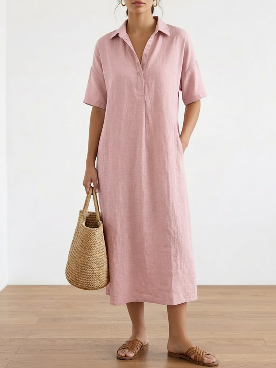 Casual Polo Collar Linen And Cotton Short-sleeved Dress