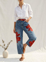Women's Vintage Wash Red Floral Embroidered Denim Pants