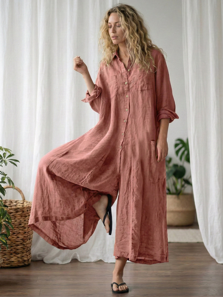 Women’s Relaxed-Fit Linen Button-Down Long-Sleeve Jumpsuit
