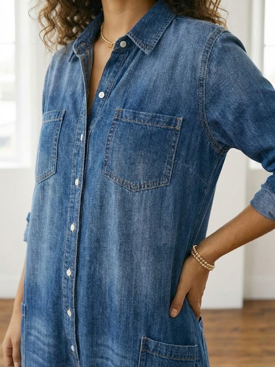 Womens Washed Dark Denim Pocket Button Down Jumpsuit