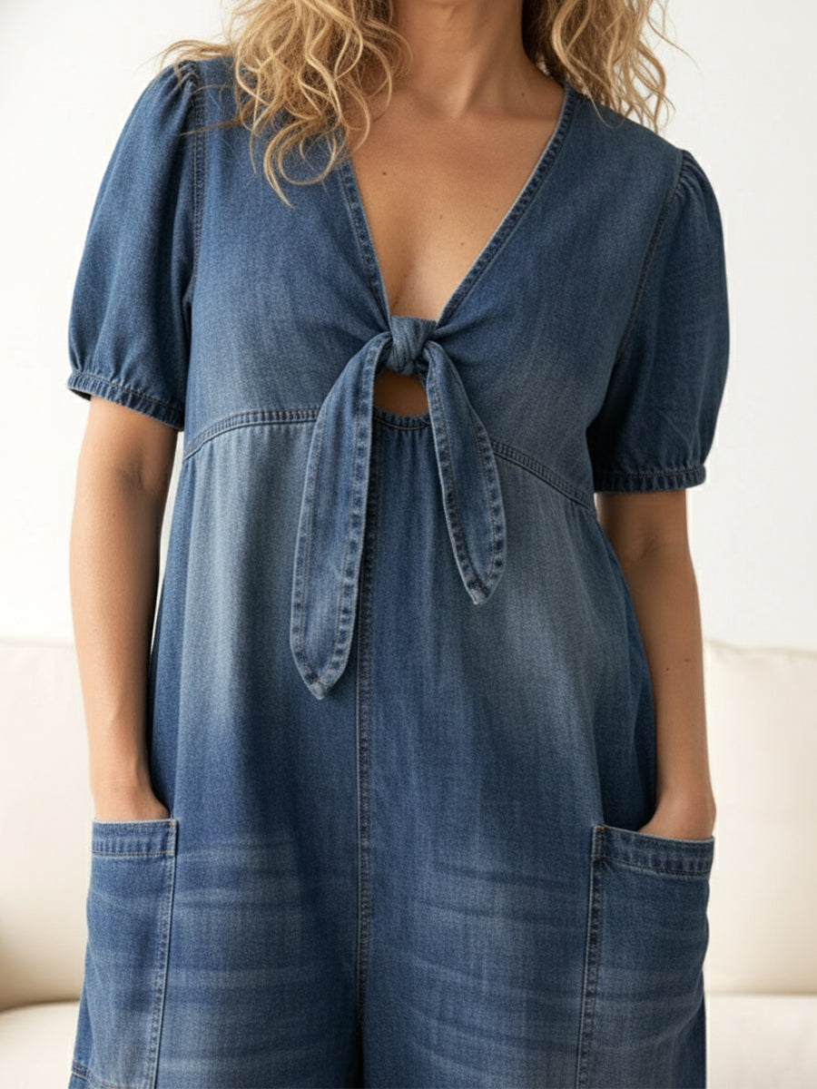 Women's Casual Loose Short-sleeved V-neck Denim Jumpsuit