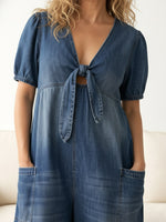 Women's Casual Loose Short-sleeved V-neck Denim Jumpsuit