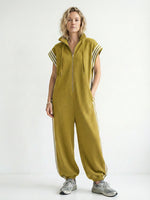 Women's Stand Collar Short Sleeve Cotton Wide-Leg Jumpsuit – Casual Loose Fit