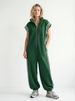 Women's Stand Collar Short Sleeve Cotton Wide-Leg Jumpsuit – Casual Loose Fit