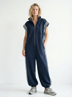 Women's Stand Collar Short Sleeve Cotton Wide-Leg Jumpsuit – Casual Loose Fit