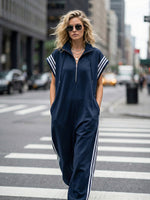 Women's Stand Collar Short Sleeve Cotton Wide-Leg Jumpsuit – Casual Loose Fit