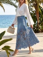 Floral Blue Denim Skirt Spring Lace Skirt for Women