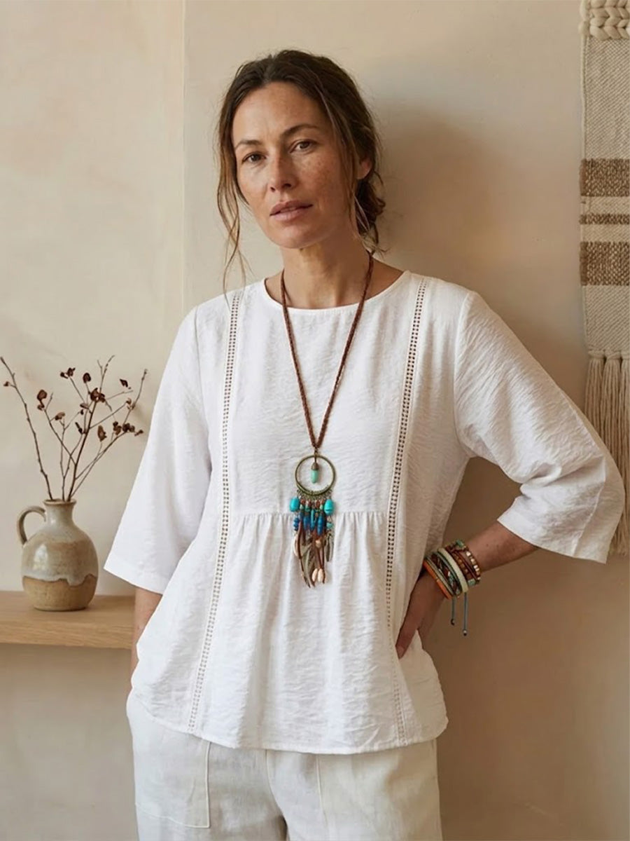 Women's Solid-color Cotton-linen Casual Mid-sleeve Shirt With Lace Cutout Details