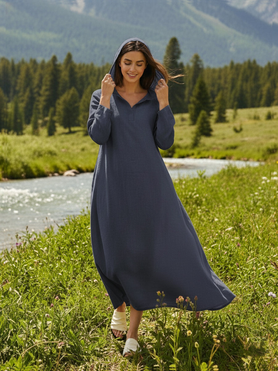 Linen Hooded Pullover Maxi Dress Navy blue / S