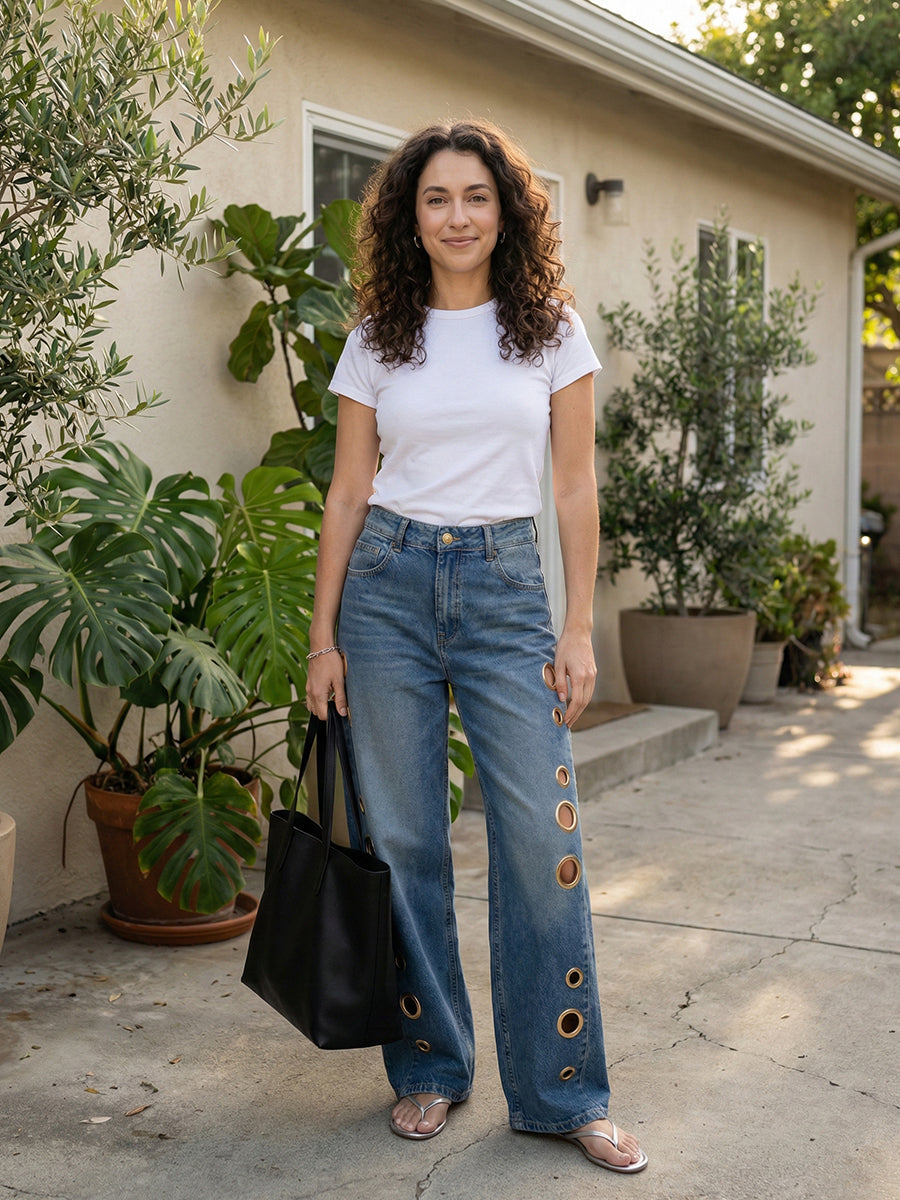 Women’s High-Waisted Wide-Leg Jeans with Side Grommet Details