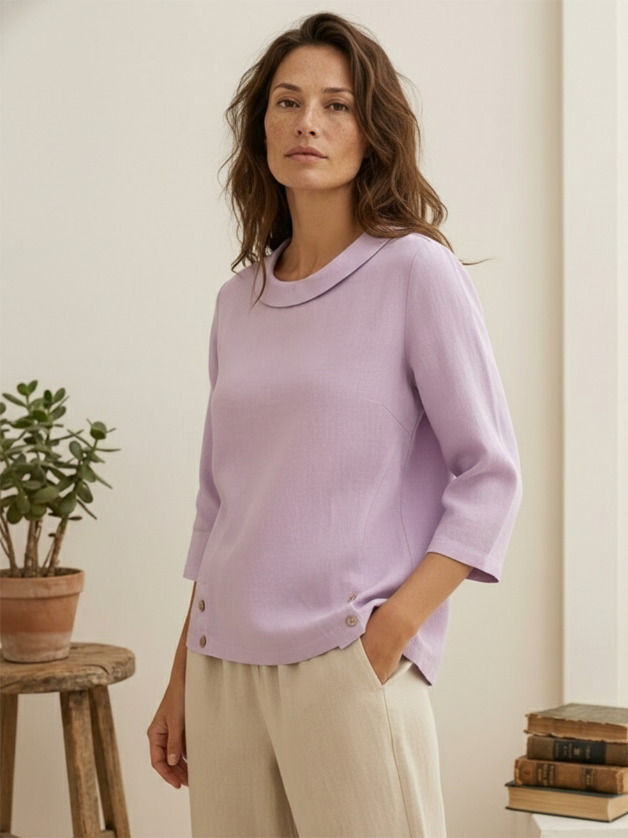 Women's Linen Gingham Checked Round Soft-Fold Collar Top