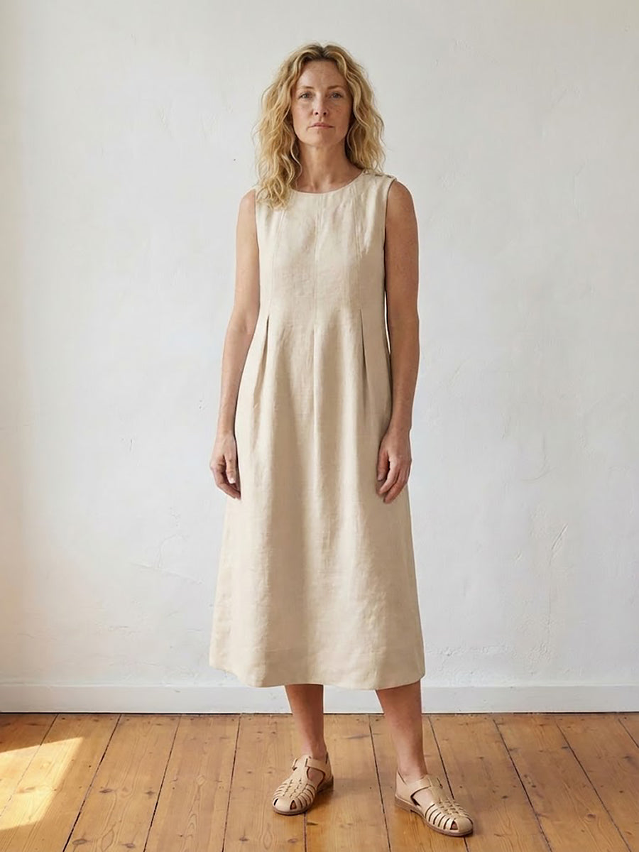 Linen Sleeveless Shoulder Button Midi Dress