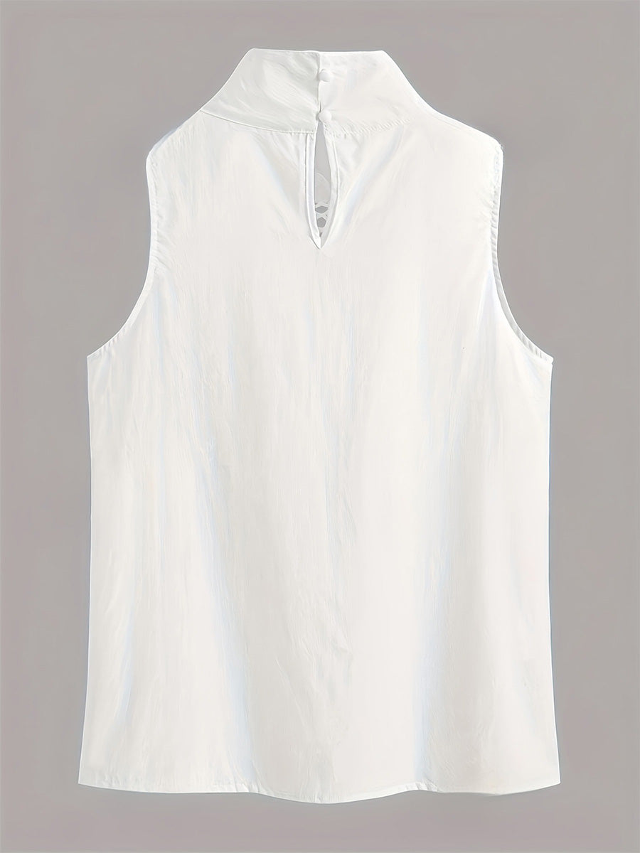 White Linen Cotton Sleeveless Blouse With Eyelet Cutout Details