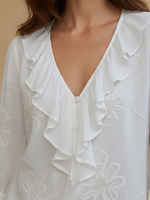 Womens Vintage ruffled V-neck shirt with embroidered flowers