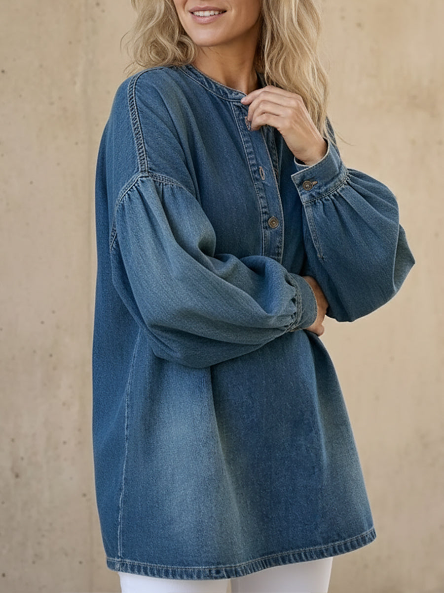 Fiorachic Women's V-neck Long-sleeved Casual Loose Denim Top