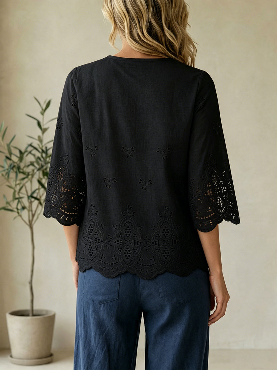 Openwork Embroidered V-neck Shirt With Three-quarter Sleeves And Lace Hem
