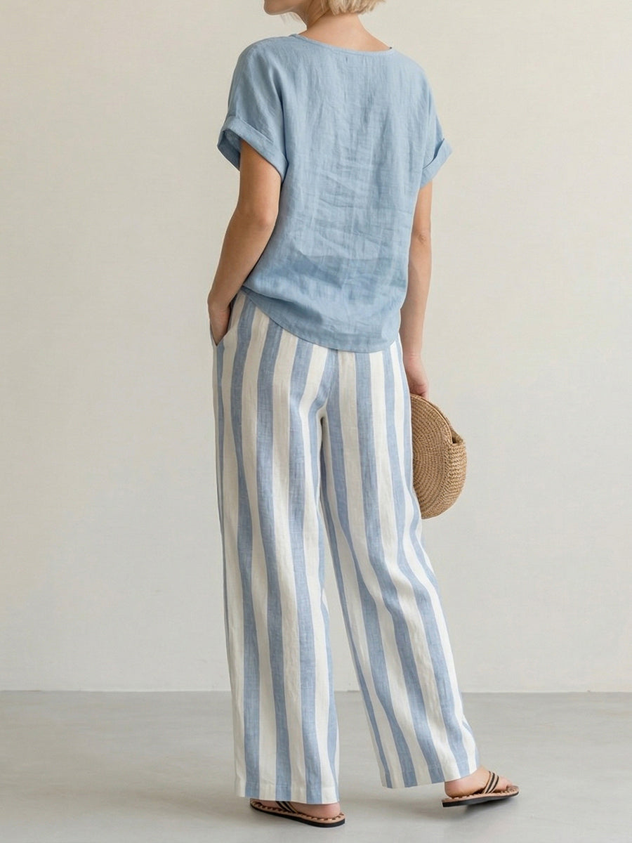 Cozy Loose-fit Striped Cotton-linen Two-piece Set