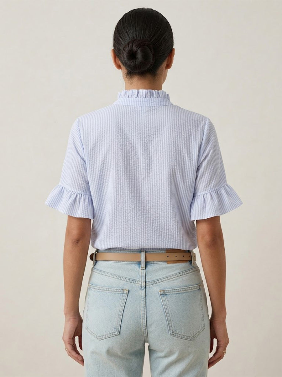 Vertical-striped Seersucker Short-sleeve Shirt With Ruffled Details