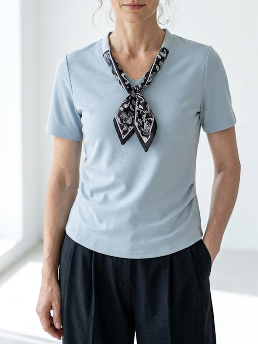 Women’s 100% Cotton T-Shirt with Scarf Detail Elegant Casual Summer Top, Soft Breathable Short Sleeve Blouse