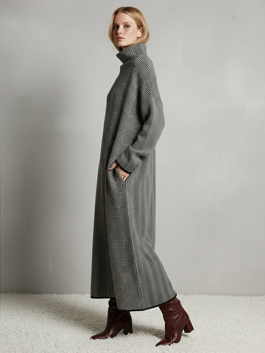 Loose-fit long-line houndstooth knit dress