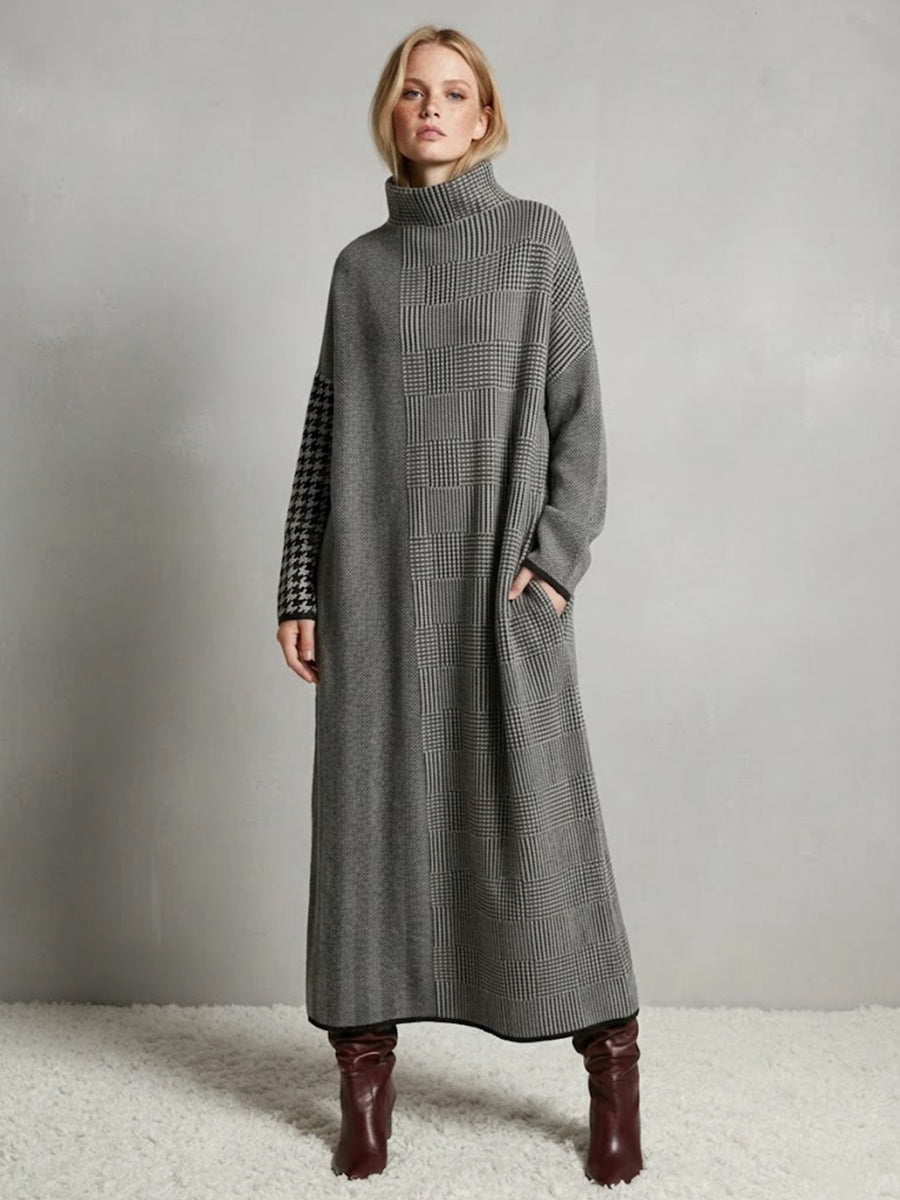 Loose-fit long-line houndstooth knit dress