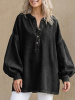 Fiorachic Women's V-neck Long-sleeved Casual Loose Denim Top