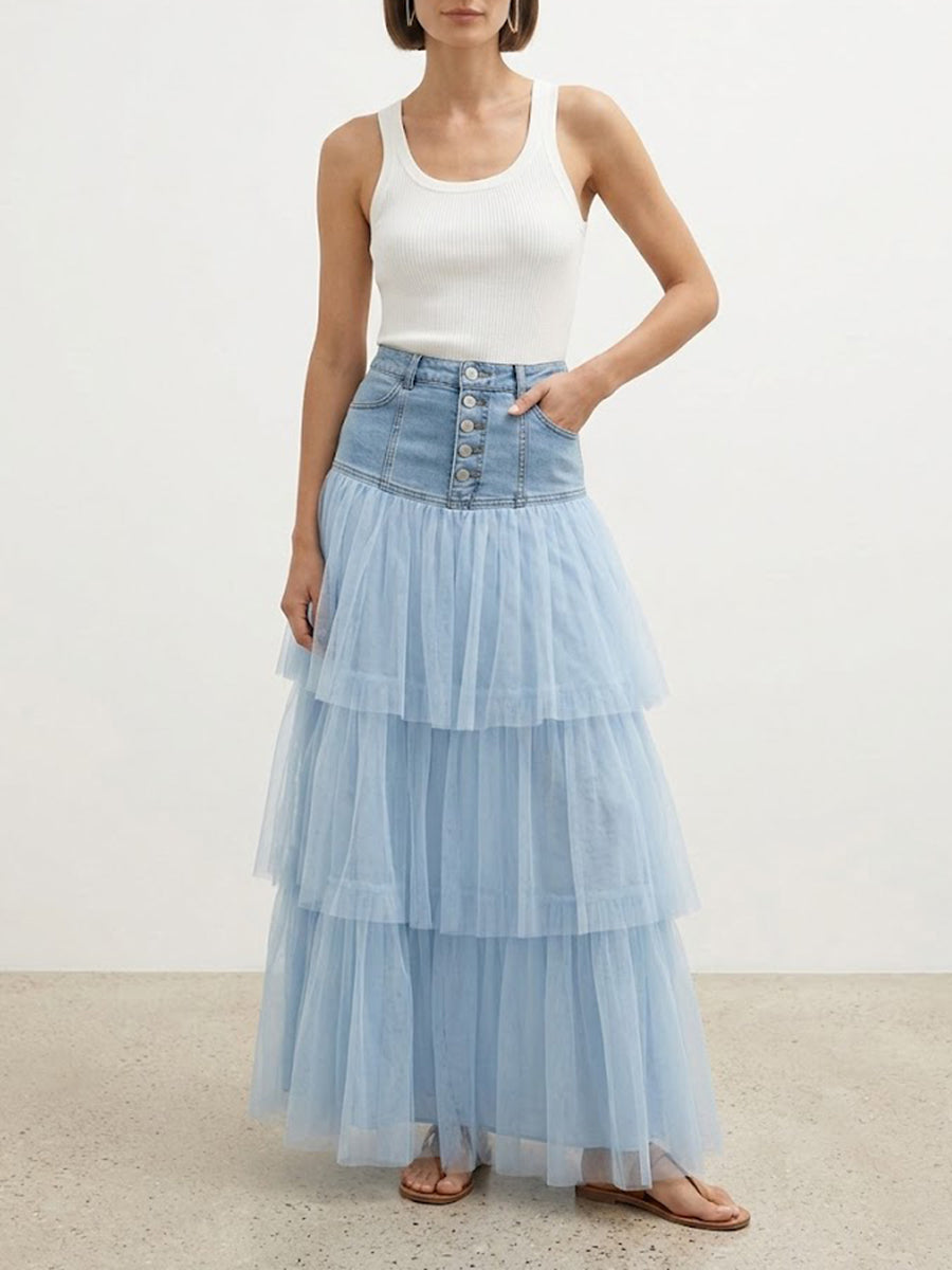 Stylish Balletcore Casual Spliced Mesh Denim Skirt