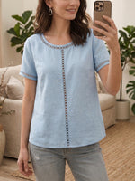 Cozy And Casual Patchwork Linen And Cotton Top With Openwork Weave