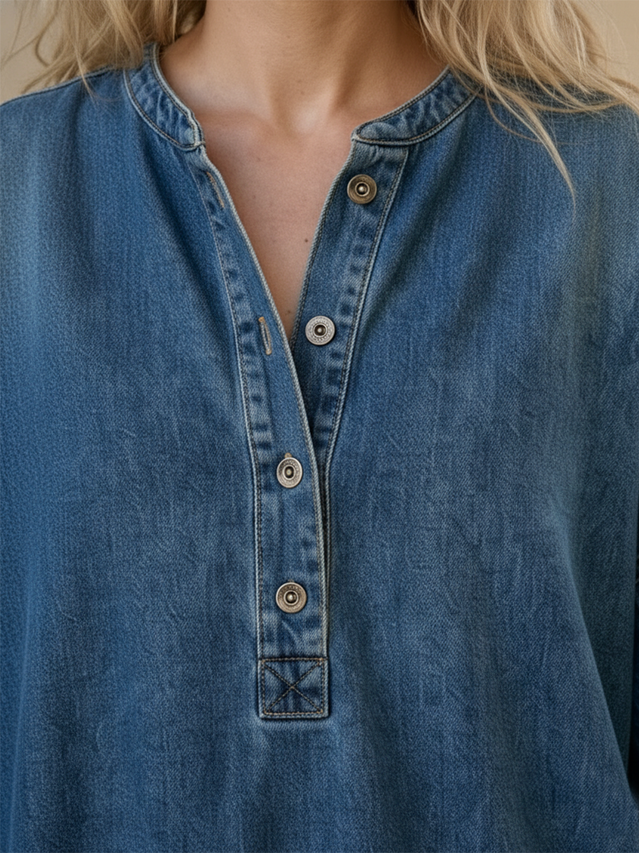 Fiorachic Women's V-neck Long-sleeved Casual Loose Denim Top