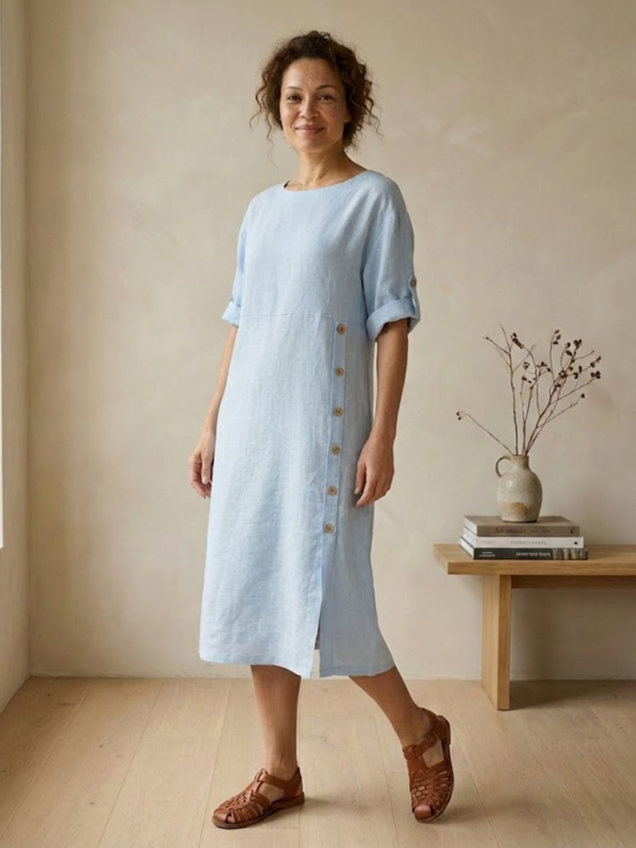 Women's Linen Round Neck Button Detail Midi Dress