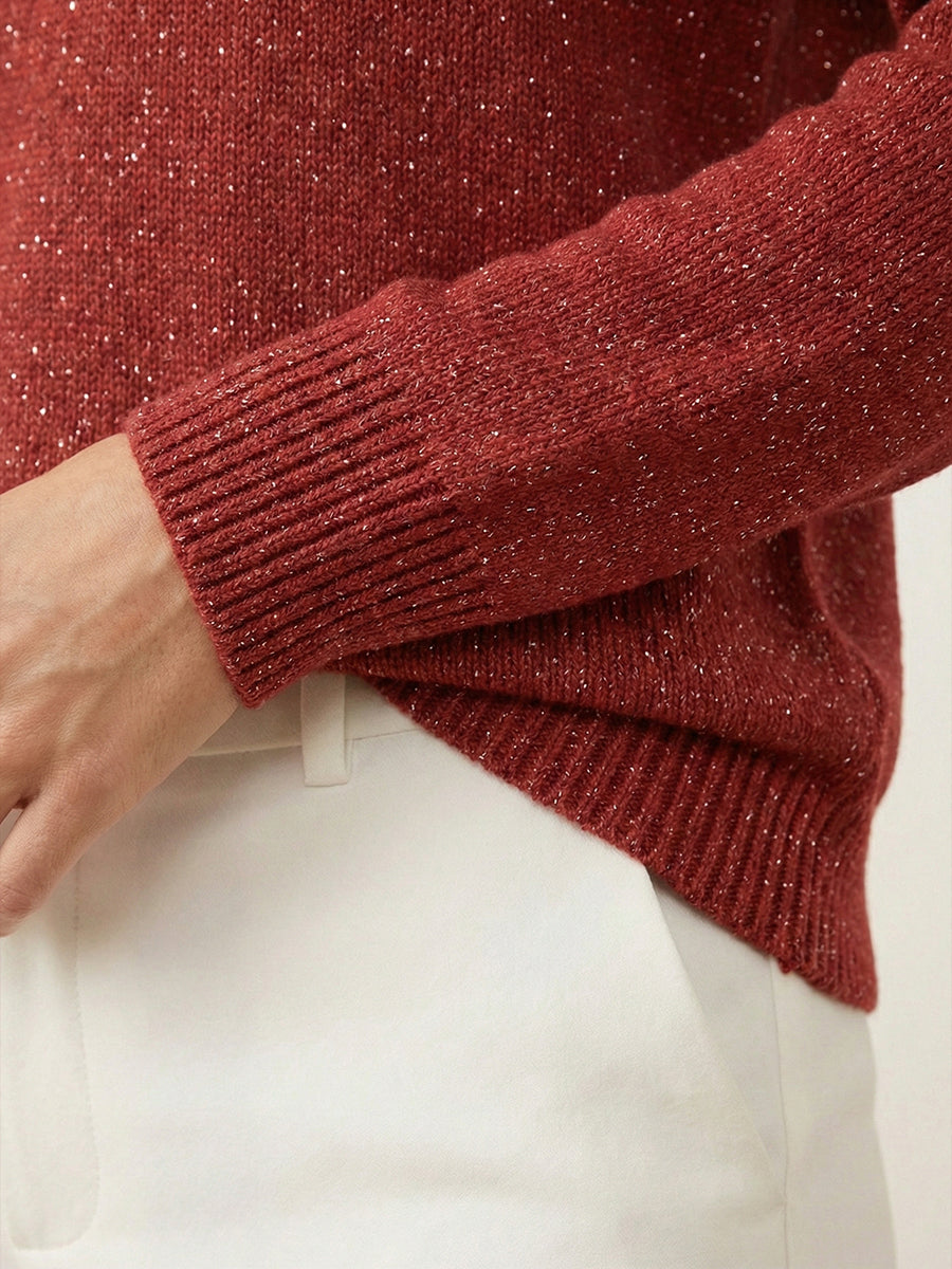 Women's Shiny Henley Neck Solid Color Sweater Top