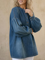 Fiorachic Women's V-neck Long-sleeved Casual Loose Denim Top