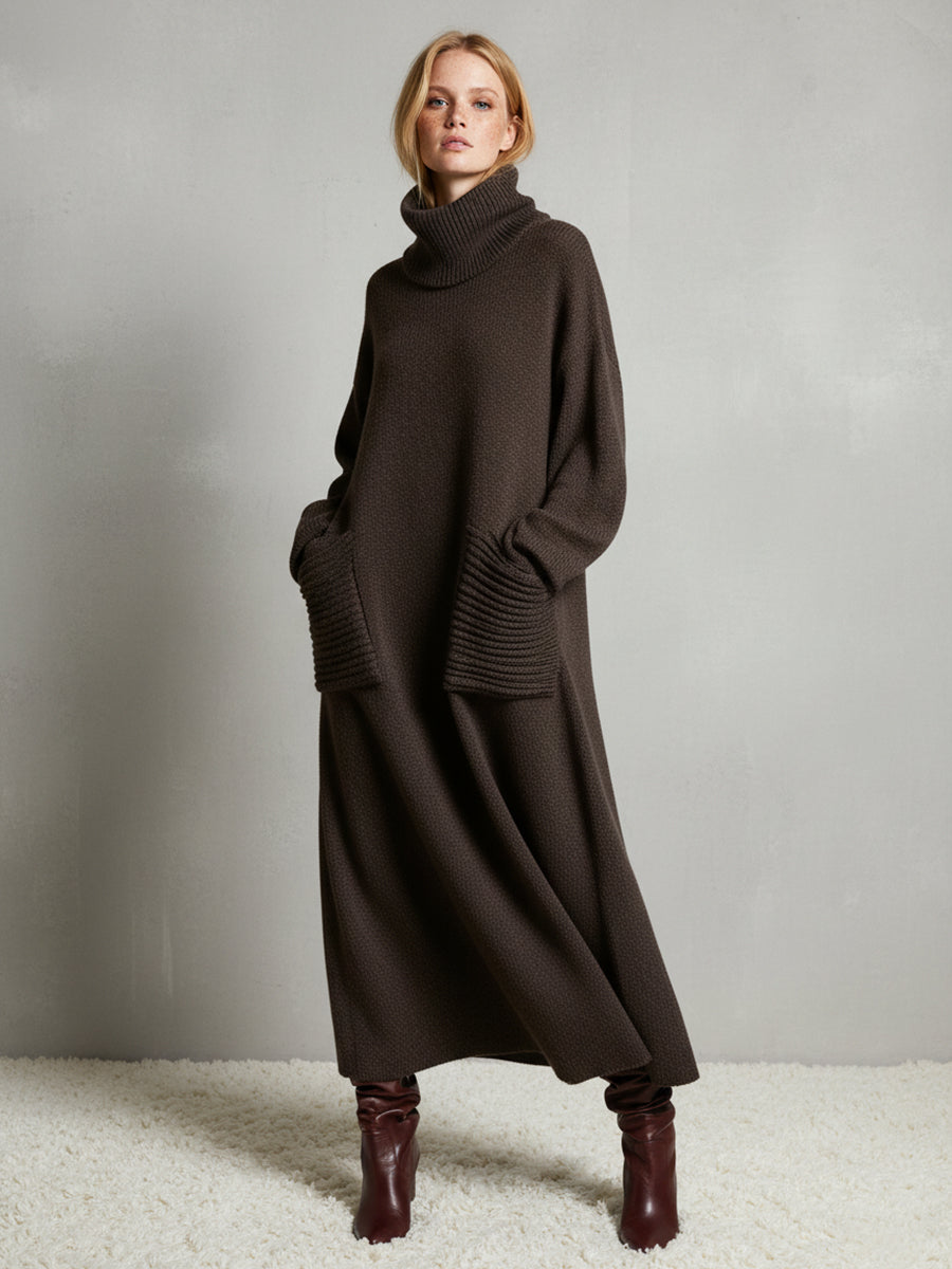 Women's Solid Color High-Neck Long-Sleeve Casual Loose Knit Dress