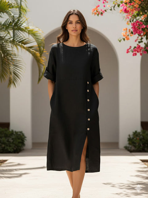 Linen Round Neck Button Detail Midi Dress Black / L