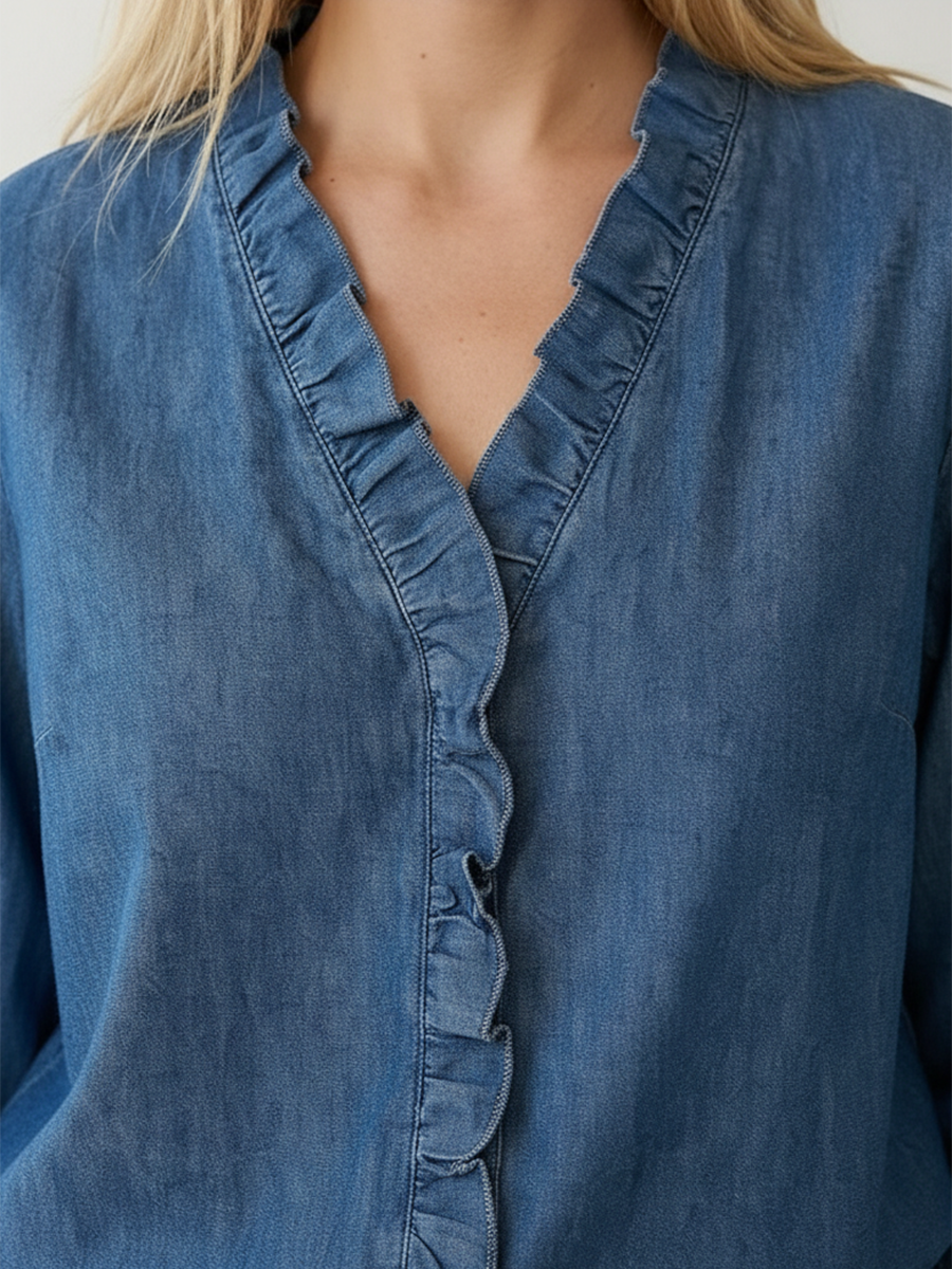 Women's tops Casual Denim V-Neck Ruffled Shirt