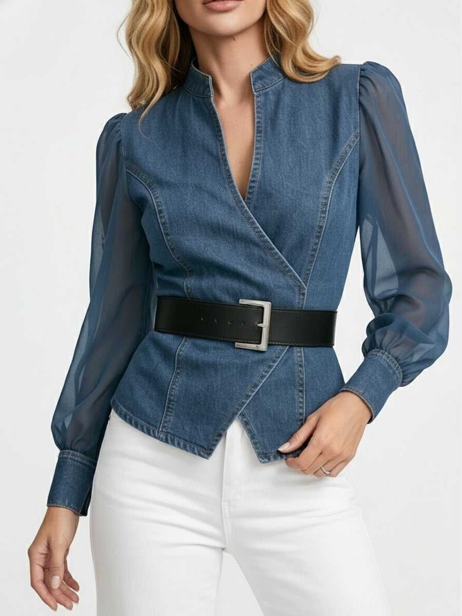 Women's Elegant Slim-fitting Denim Blue Top with Organza Sleeves