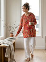 Women's Retro Ethnic Totem Art Print Casual Knitted Pocket Hooded Tunic Top