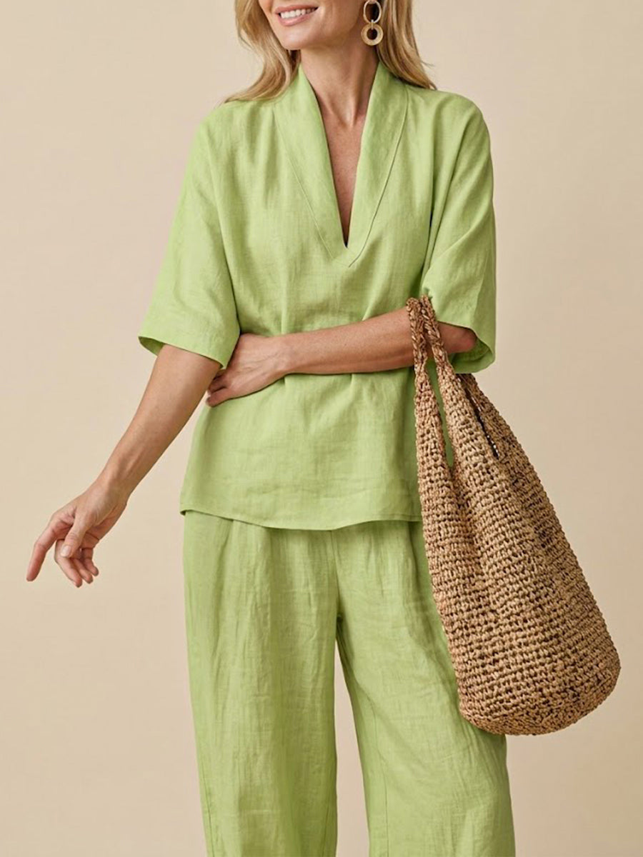 Casual And Cozy Minimalist Linen Two-piece Set for Women